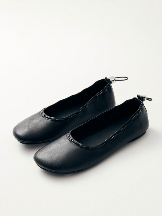 Drawstring Round-Toe Ballet Flats In Black Vegan Leather