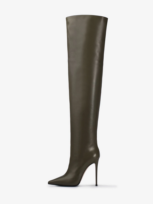 Pointed-Toe Wide Calf Tall Over-The-Knee Stiletto Boots - Khaki