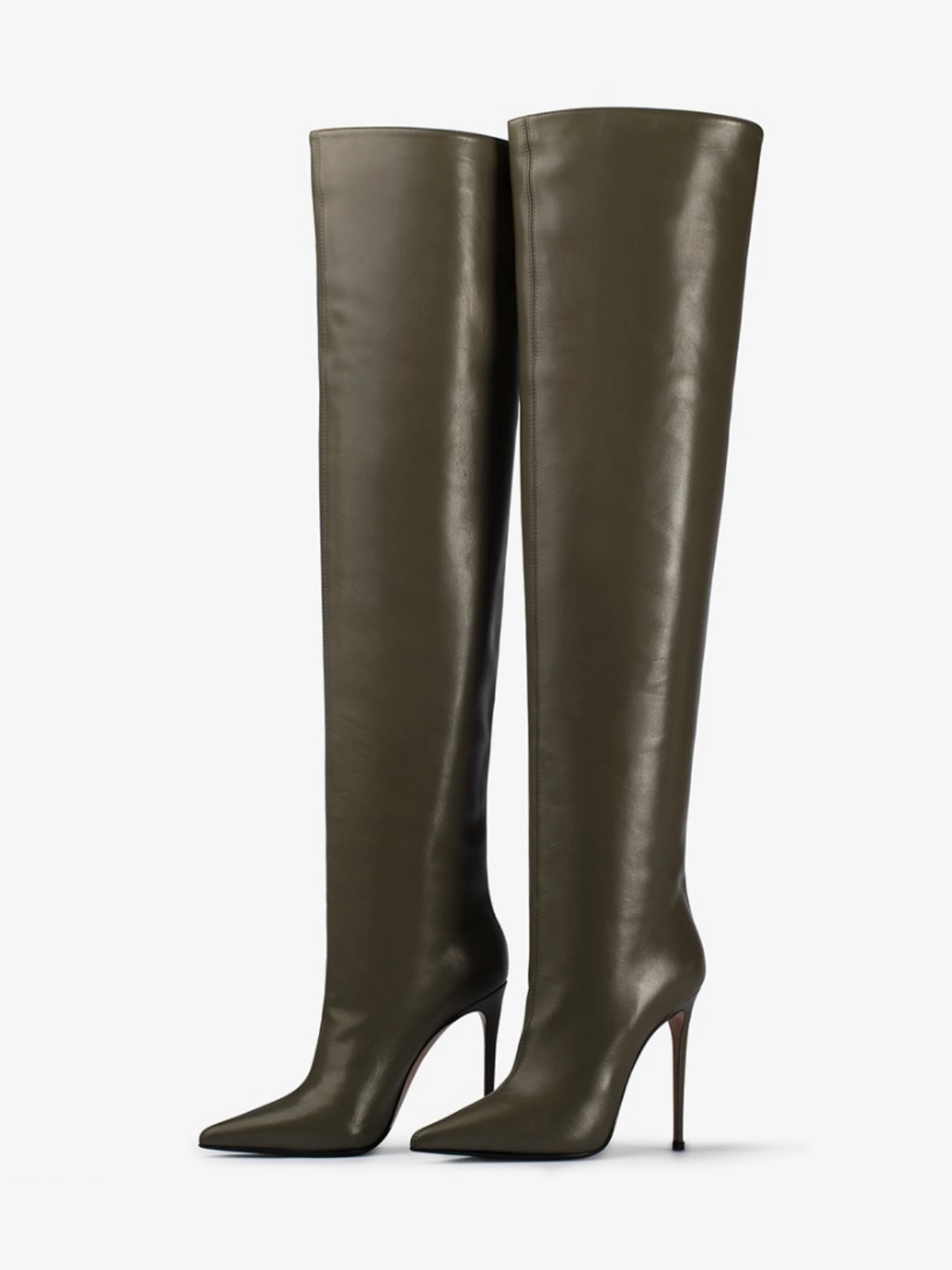 Pointed-Toe Wide Calf Tall Over-The-Knee Stiletto Boots - Khaki