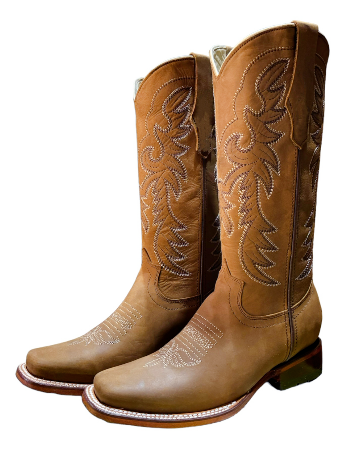 Tan Square-Toe Classic Embroidery Wide Mid Calf Cowgirl Boots