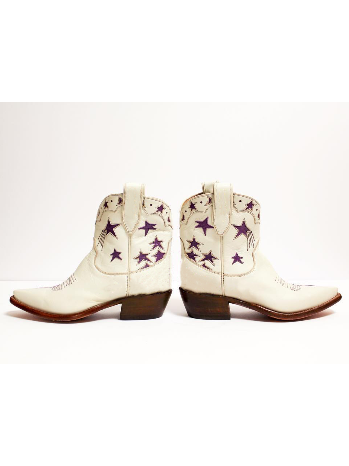 White Snip-Toe Purple Star And Moon Inlay Wide Calf Ankle Booties