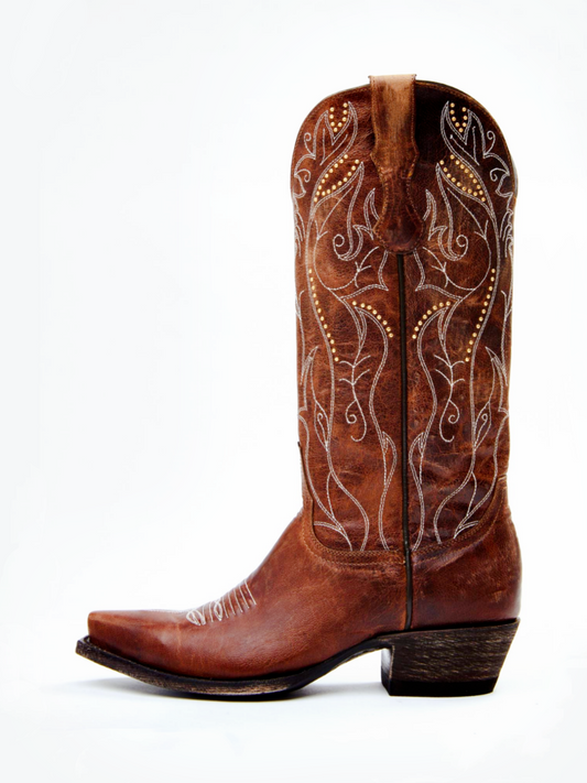 Brown Snip-Toe Studded Embroidery Wide Mid Calf Tall Cowgirl Boots