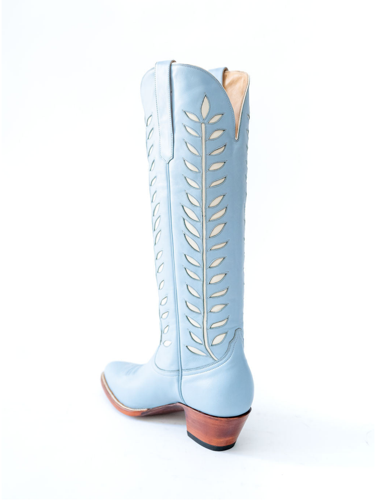 Almond-Toe Ivory Leaves Inlay Wide Calf Tall Knee High Cowgirl Boots - Powder Blue