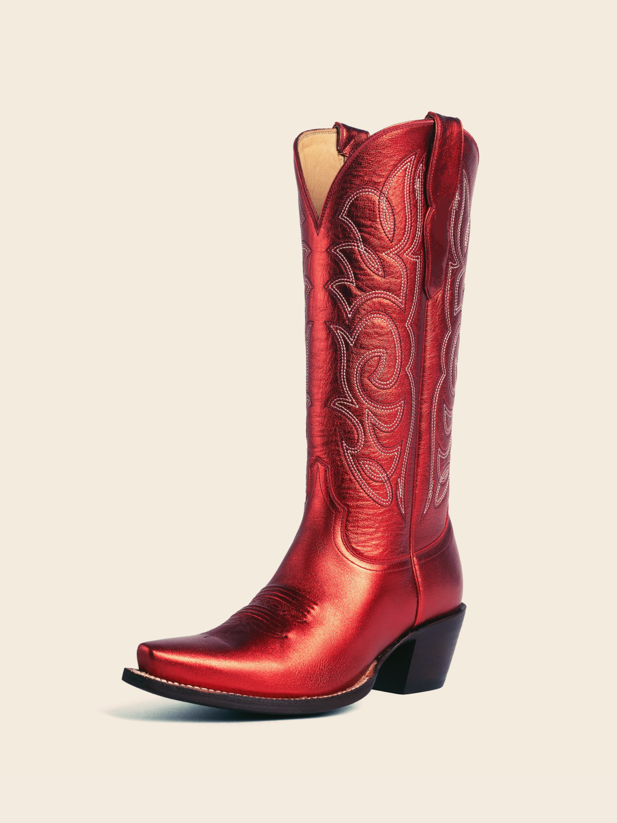 Metallic Red Embroidered Snip-Toe Mid Calf Western Boots Wide Calf Cowgirl Boots