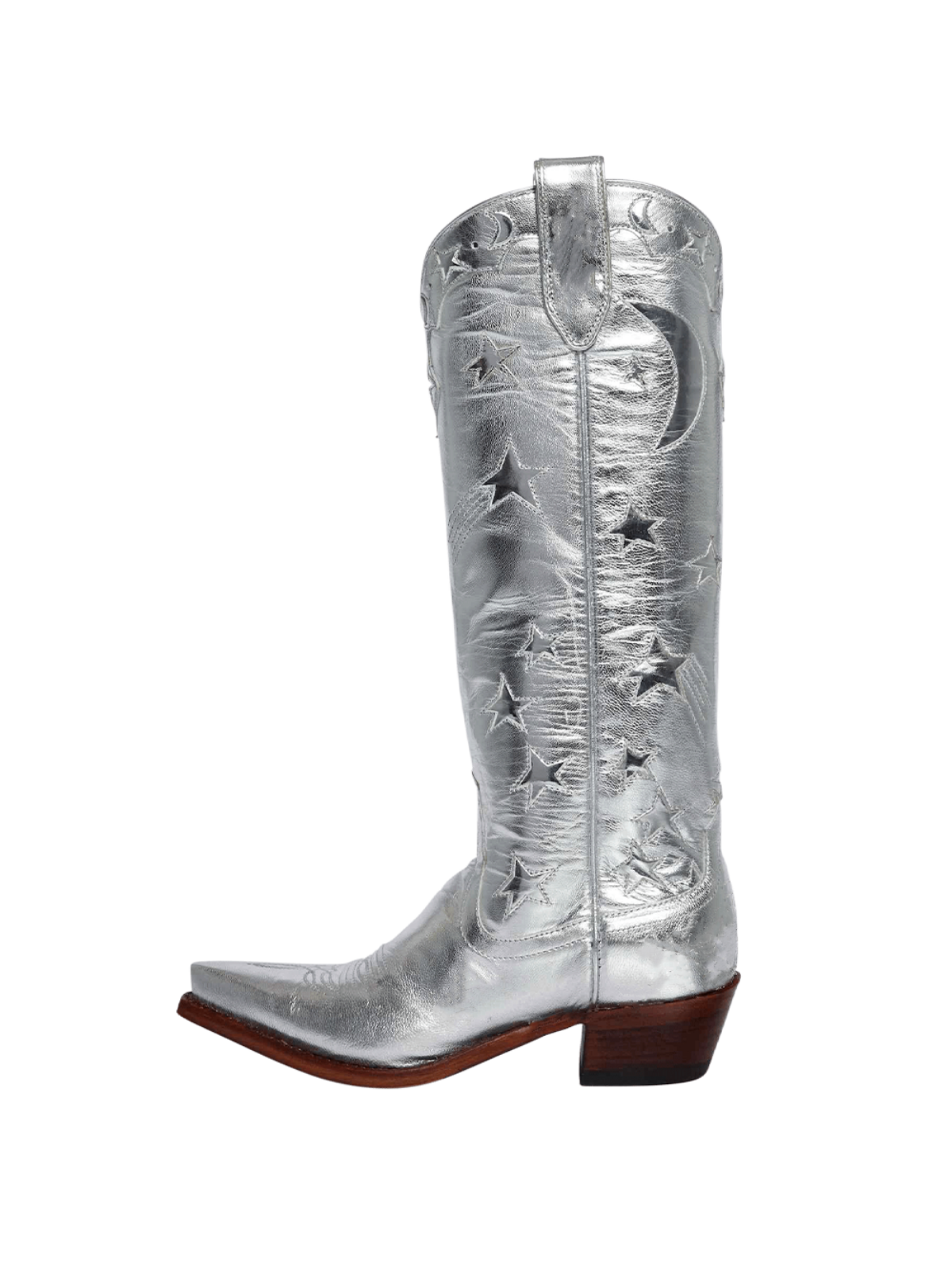 Mirrored Silver Moon Star Inlay Applique Mid Calf Cowgirl Tall Boots - Metallic Silver