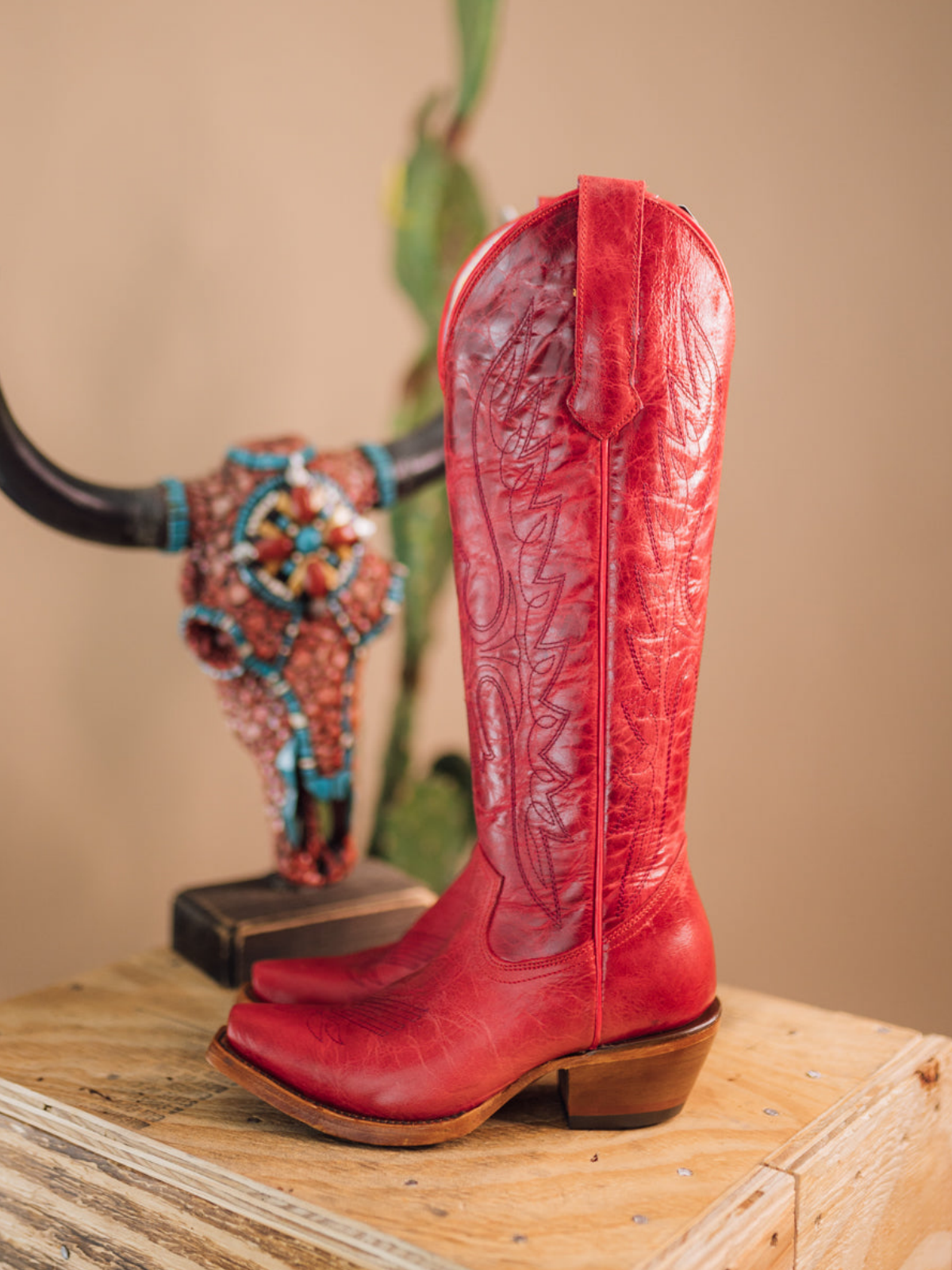 Distressed Red Eagle Embroidery Snip-Toe Half-Zip Cowgirl Knee High Tall Boots