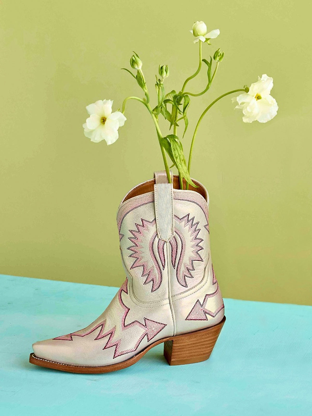 Jagged Embroidery Snip-Toe Cowgirl Ankle Booties - Metallic Light Pink