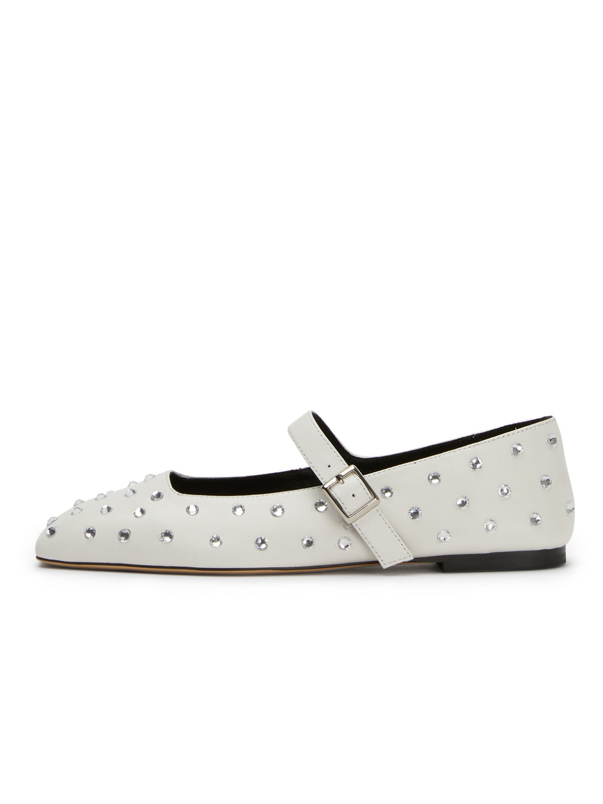 White Sparkle Rhinestone Square-Toe Ballet Flats Mary Janes With Buckled Strap