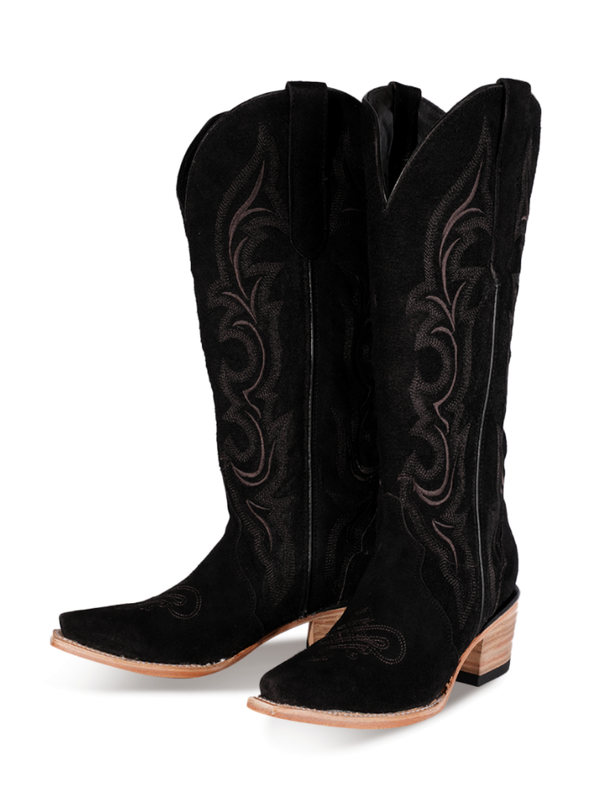 Black Faux Suede Snip-Toe Classic Embroidery Wide Mid Calf Tall Western Boots