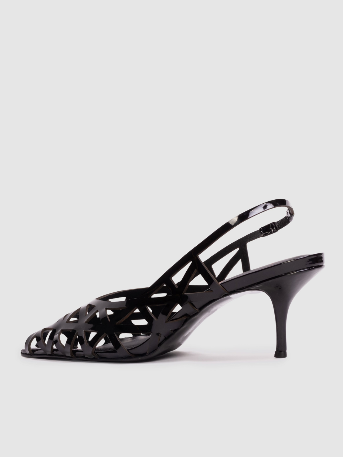 Black Patent Pointed-Toe Slingback Kitten Heels Pump With Laser Cut Upper