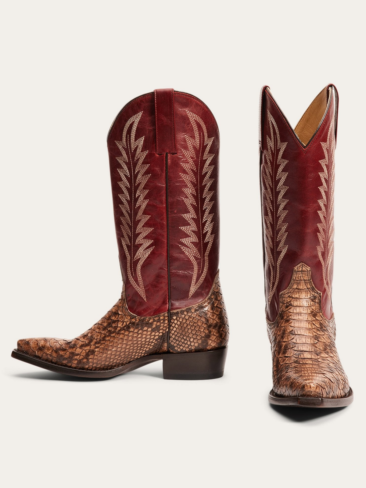 Contrast Red And Snakeskin Snip-Toe Embroidery Wide Mid Calf Cowgirl Boots