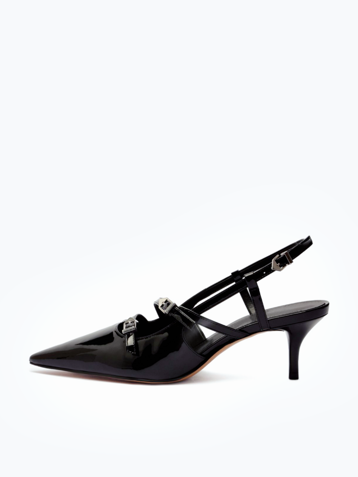 Black Patent Buckled Strappy Kitten Heels Slingback Pumps