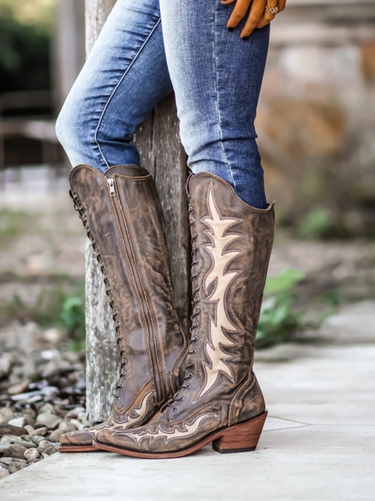 Distressed Brown Snip-Toe Inlay Lace Up Full-Zip Mid Calf Cowgirl Boots