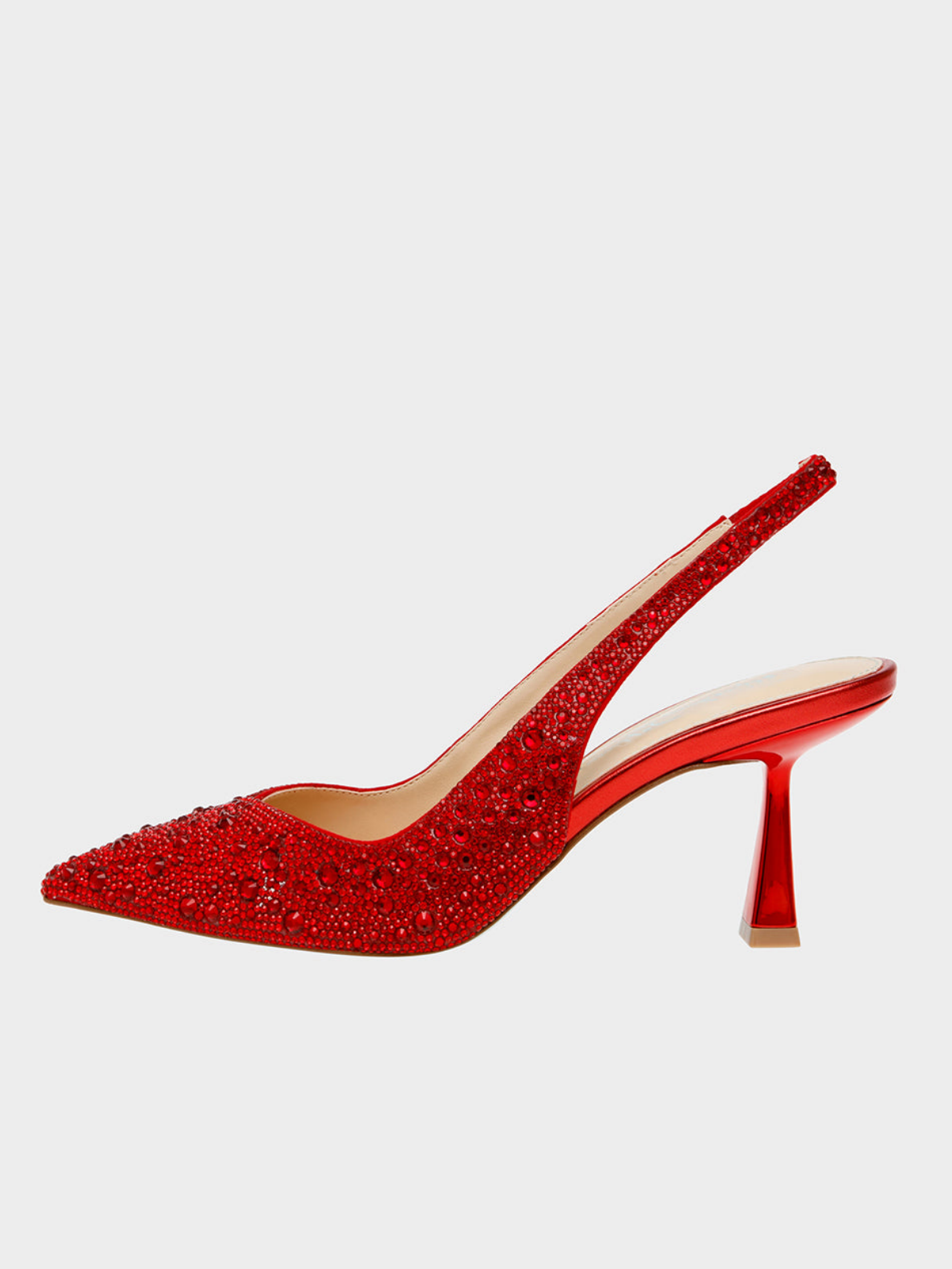 Red Faux Suede Pointed-Toe Rhinestone Slingback Kitten Heels