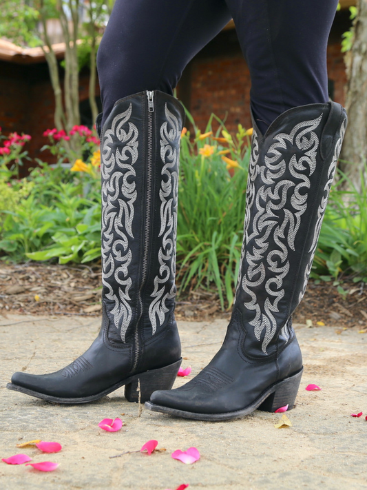 Round Pointed-Toe Embroidery Full-Zip Tall Knee High Cowgirl Boots - Black