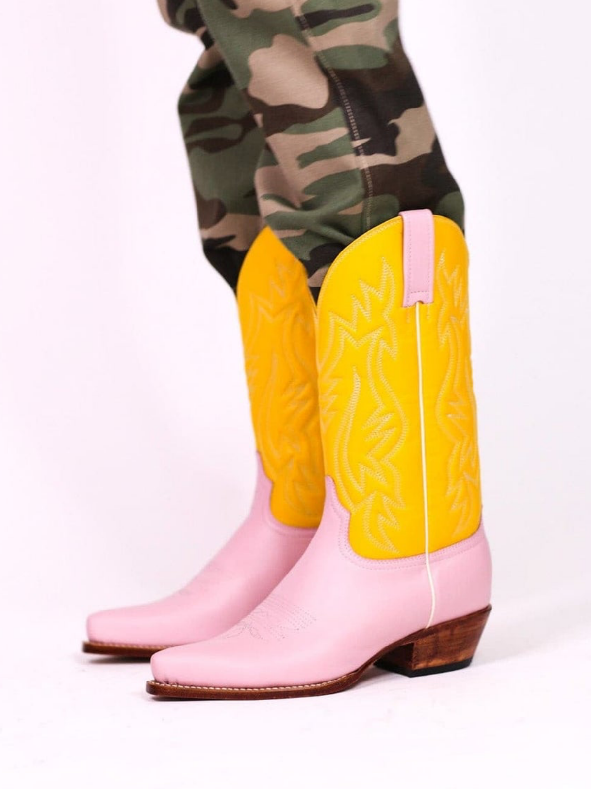 Contrast Yellow And Pink Snip-Toe Embroidery Wide Mid Calf Cowgirl Boots