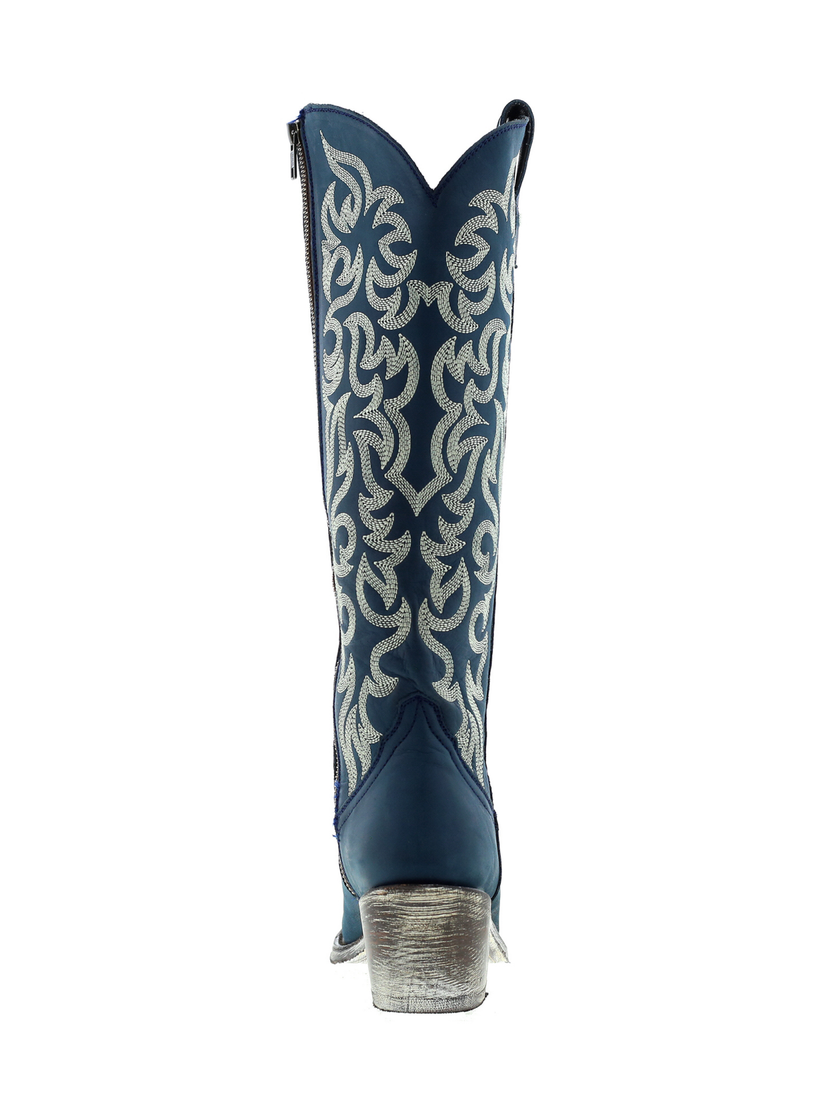 Embroidery Almond-Toe Full-Zip Knee High Tall Cowgirl Boots - Dark Blue