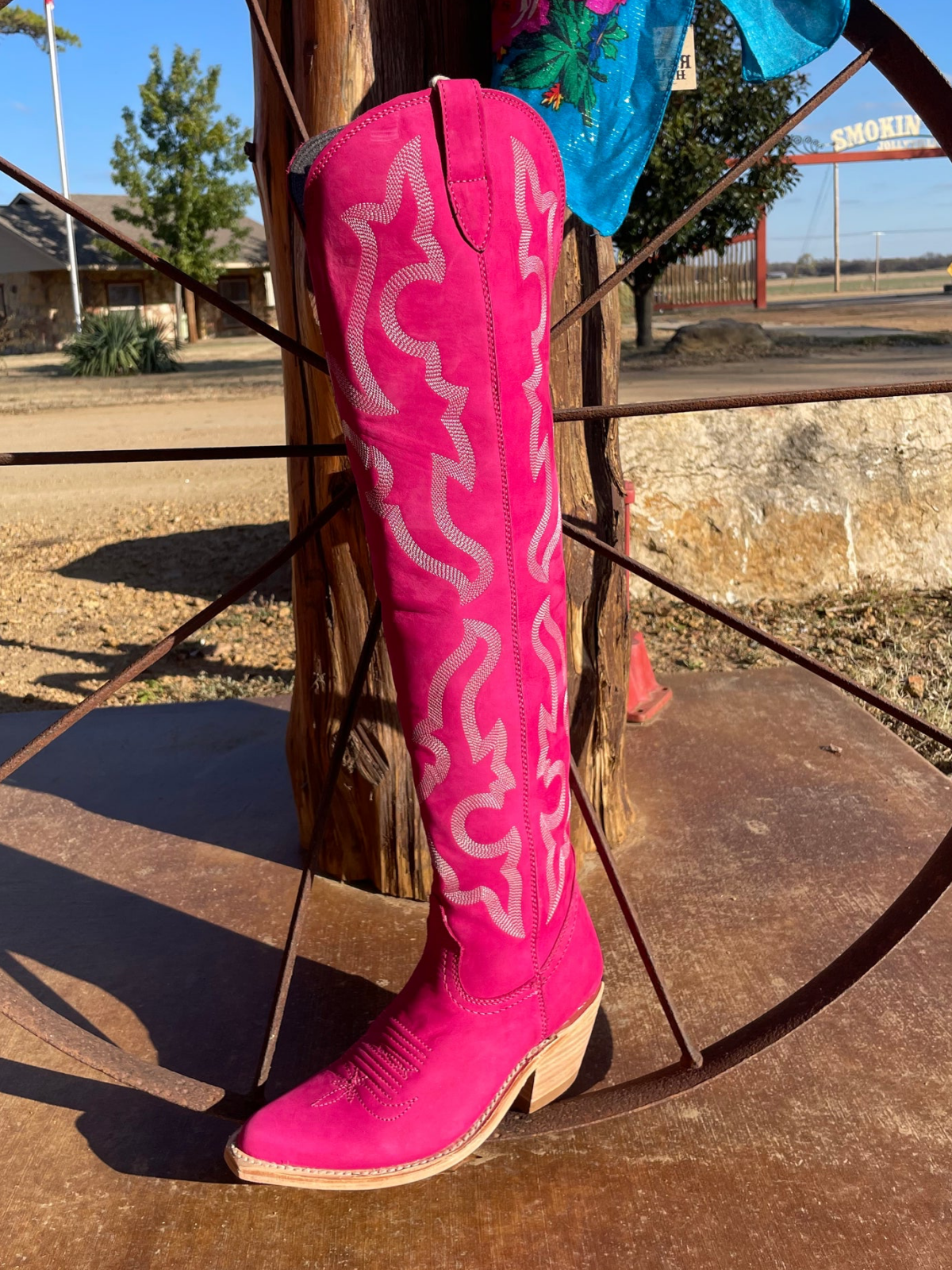 Fuchsia Faux Suede Embroidery Pointed-Toe Half-Zip Over-The-Knee Cowgirl Boots