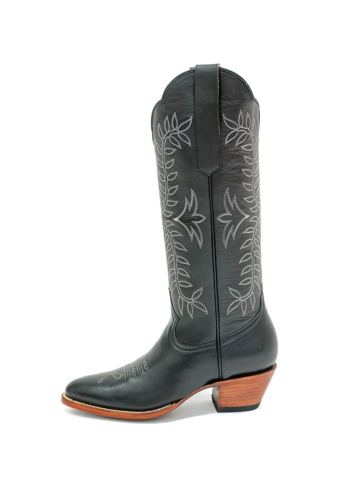 Black Almond-Toe Classic Leaves Embroidery Wide Mid Calf Cowgirl Boots