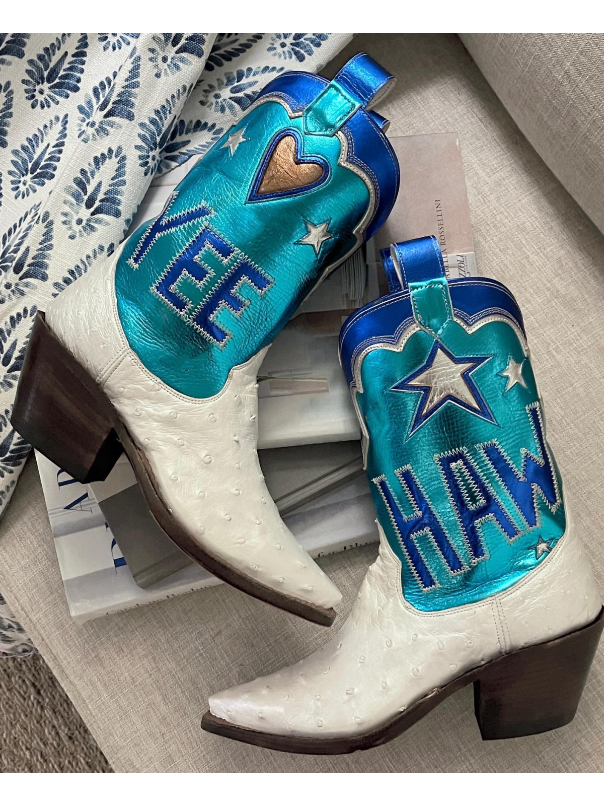 Contrast Tri-Color Ostrich-Textured And Metallic Vegan Leather Heart Star Letter Inlay Cowgirl Boots - Blue