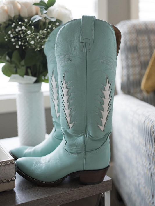 Mint Green Almond-Toe Inlay Embroidery Wide Mid Calf Tall Cowgirl Boots