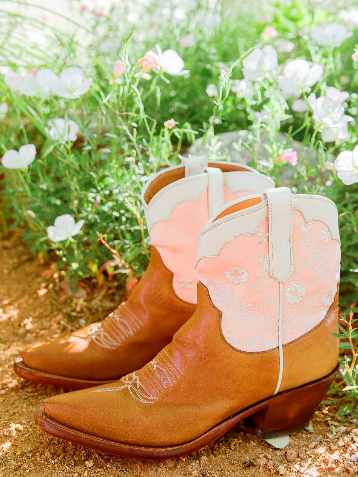 Contrast Tri-Color Snip-Toe Cowgirl Ankle Booties With White Floral Embroidery