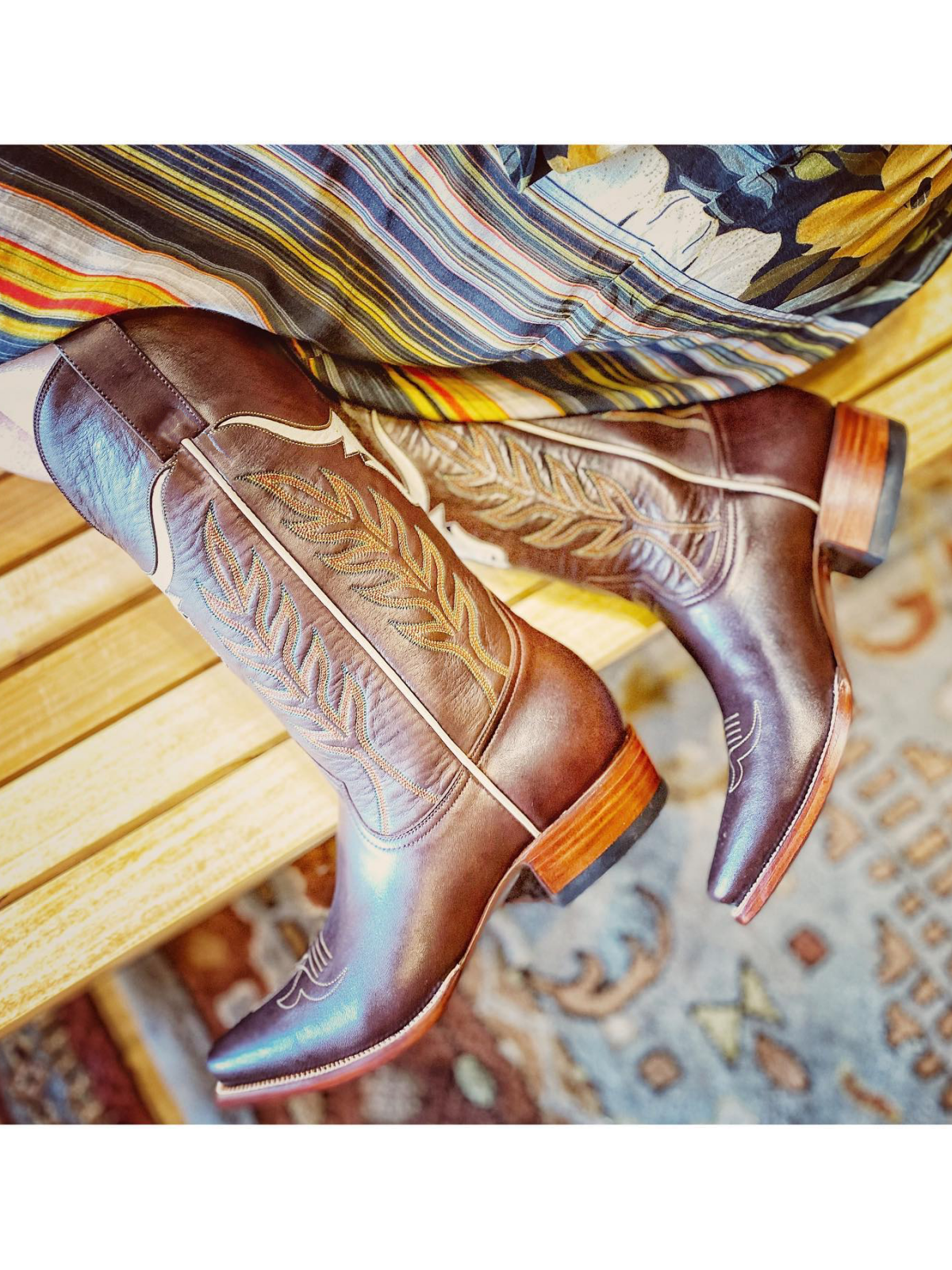 Dark Brown Embroidery Inlay Snip-Toe Wide Mid Calf Tall Cowgirl Boots