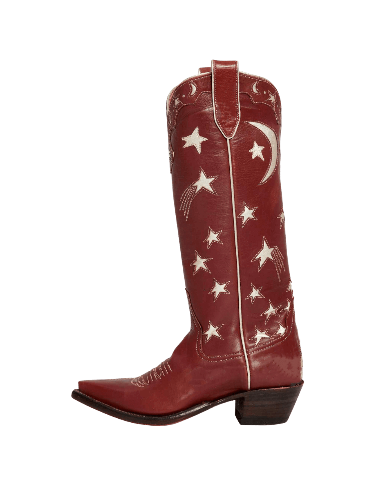 Metallic Moon Star Inlay Applique Mid Calf Cowgirl Tall Boots - Brown / Pale Gold