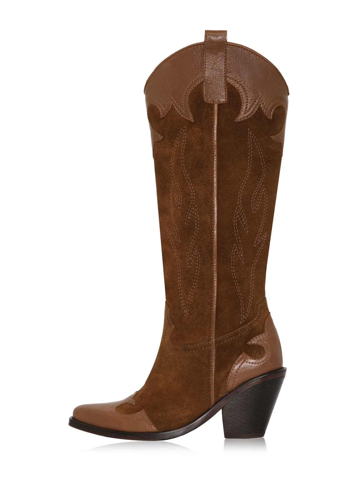 Brown Faux Suede Snip-Toe Embroidery Brown Applique Wide Mid Calf Cowgirl Boots