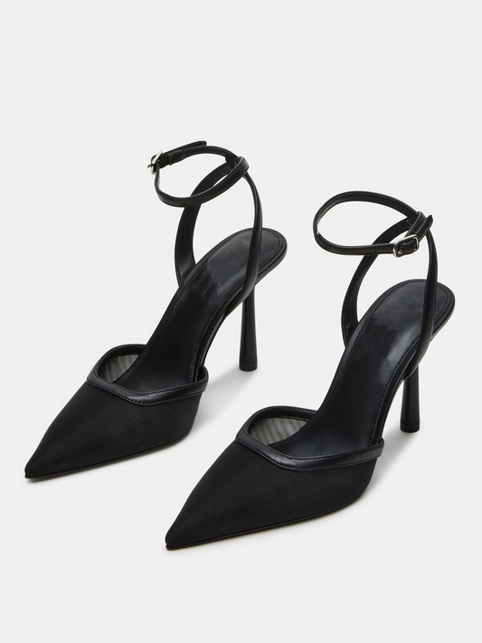 Black Mesh Pointed-Toe Crossed Ankle Strap Pump Kitten Heels