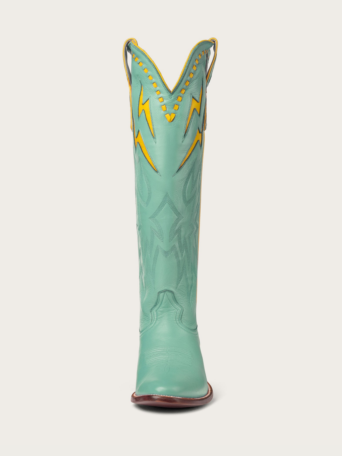 Yellow Lightning Inlay Stitch Embroidery Almond-Toe Wide Mid Calf Tall Cowgirl Boots - Green