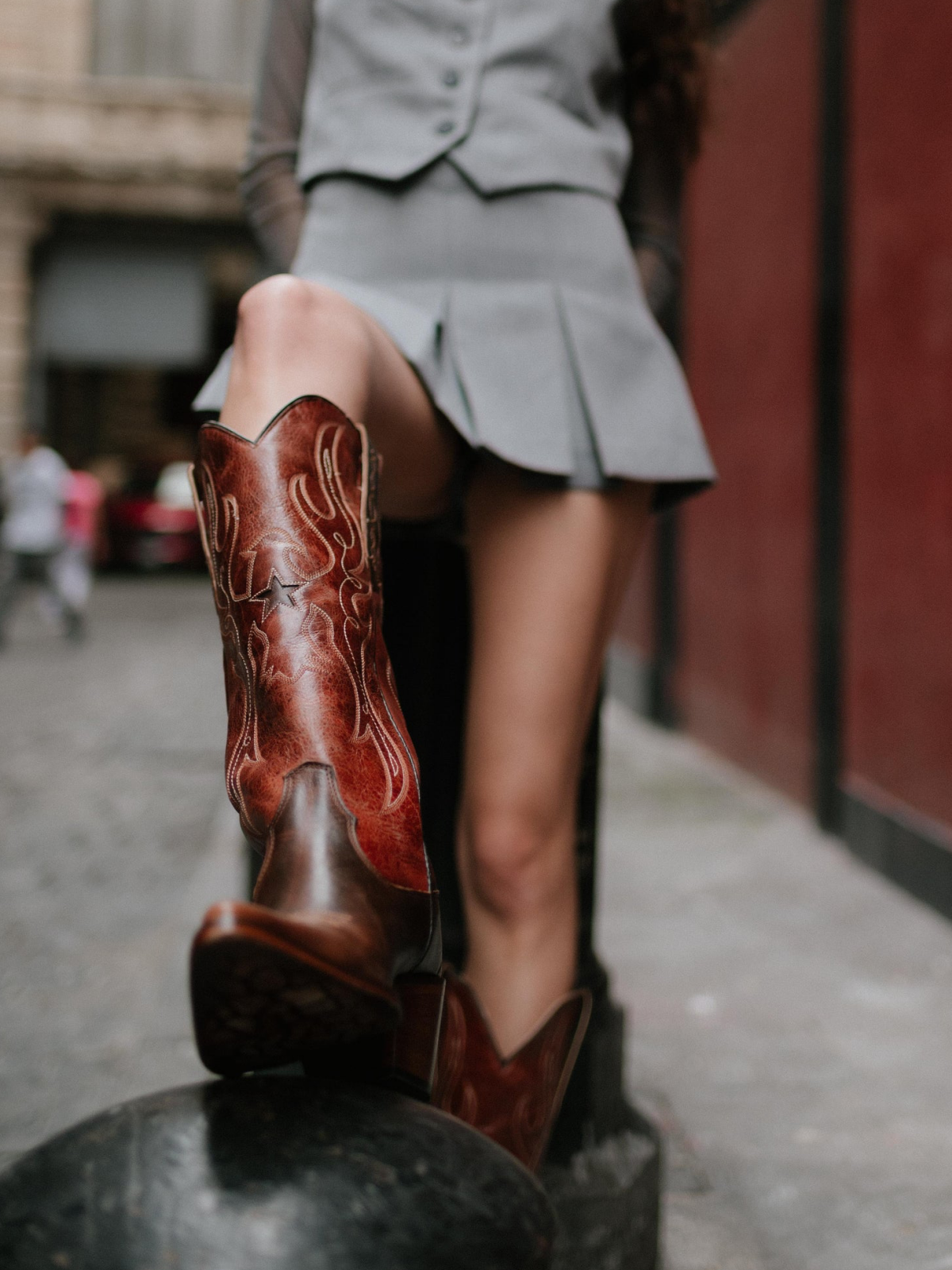 Chocolate Snip-Toe Embroidery Star Inlay Wide Mid Calf Cowgirl Boots