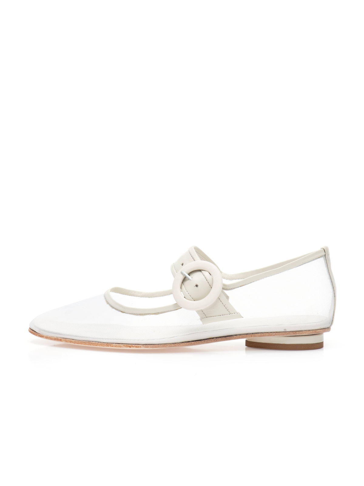 White Mesh Elongated Ballet Flats Mary Janes With Oversized Buckle