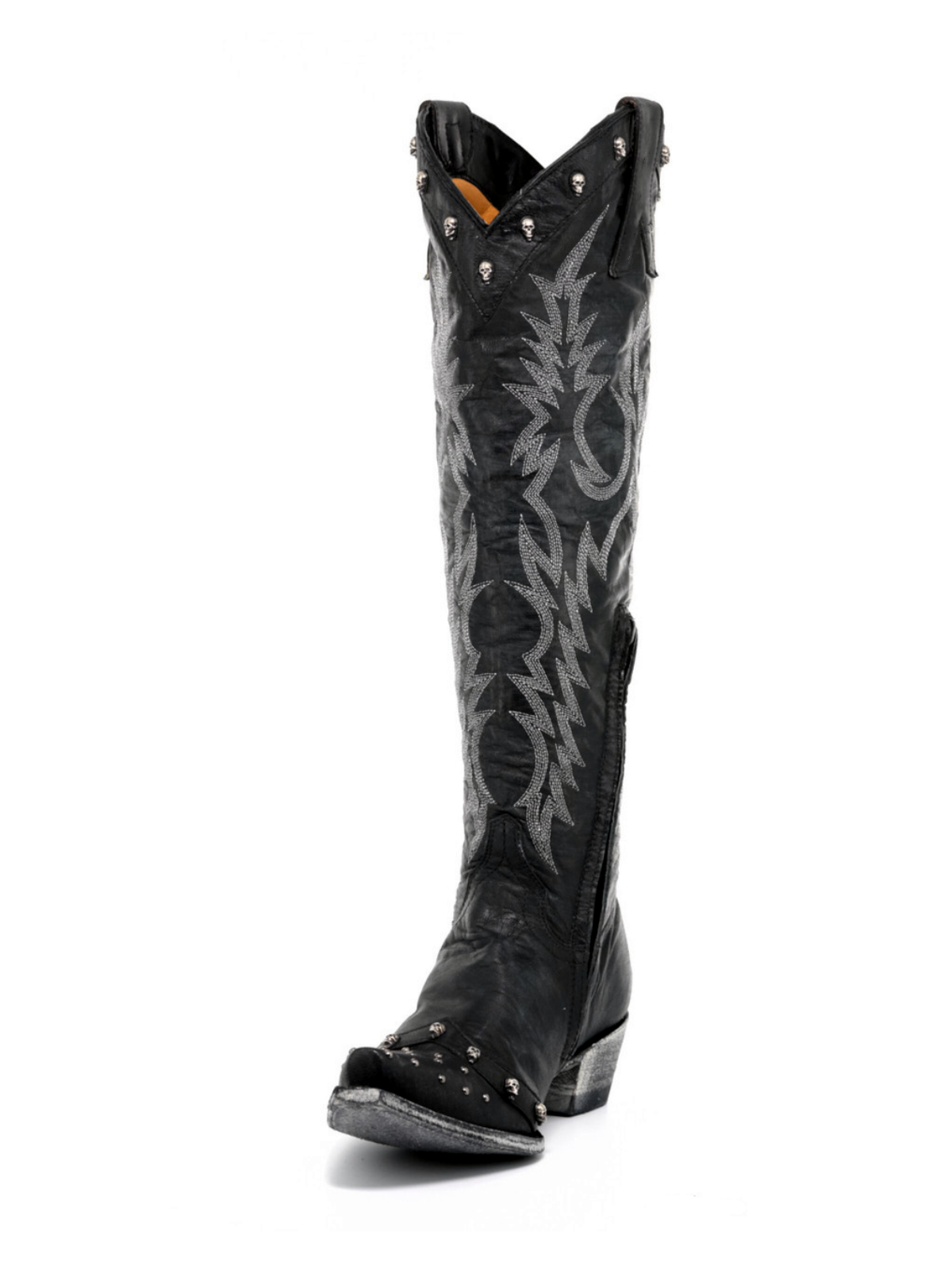 Black Snip-Toe Studded Embroidery Skull Applique Half-Zip Tall Knee High Cowgirl Boots