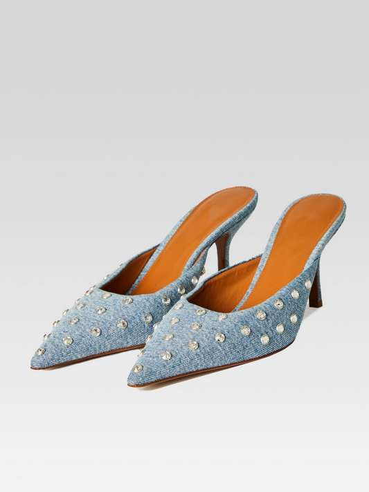 Blue Denim Pointed-Toe Rhinestone High Heels