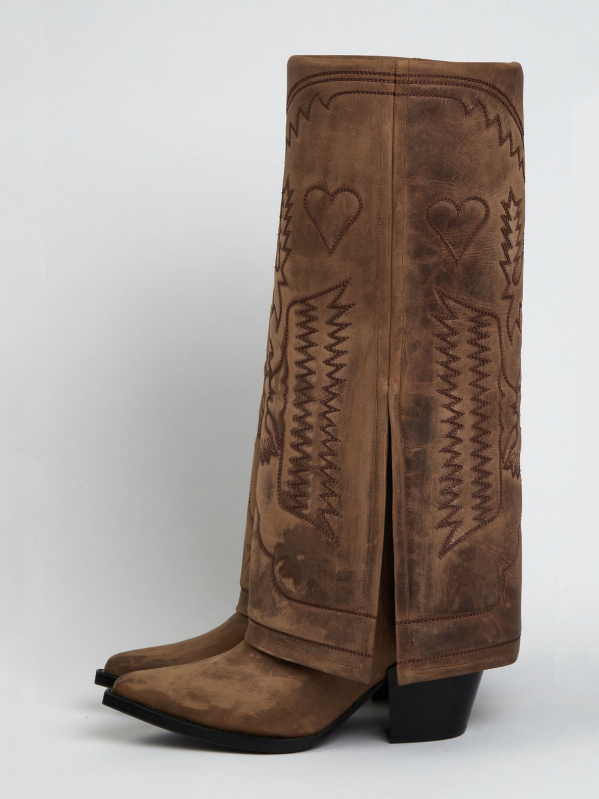 Fold-Over Panel Eagle And Heart Embroidery Snip-Toe Wide Mid Calf Boots - Distressed Camel