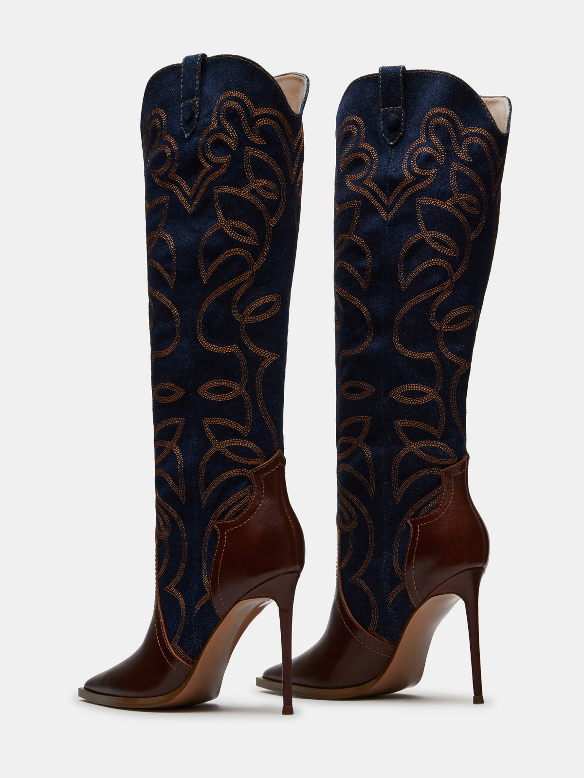 Contrast Brown Vegan Leather And Blue Denim Embroidery Wide Mid Calf Stiletto Boots