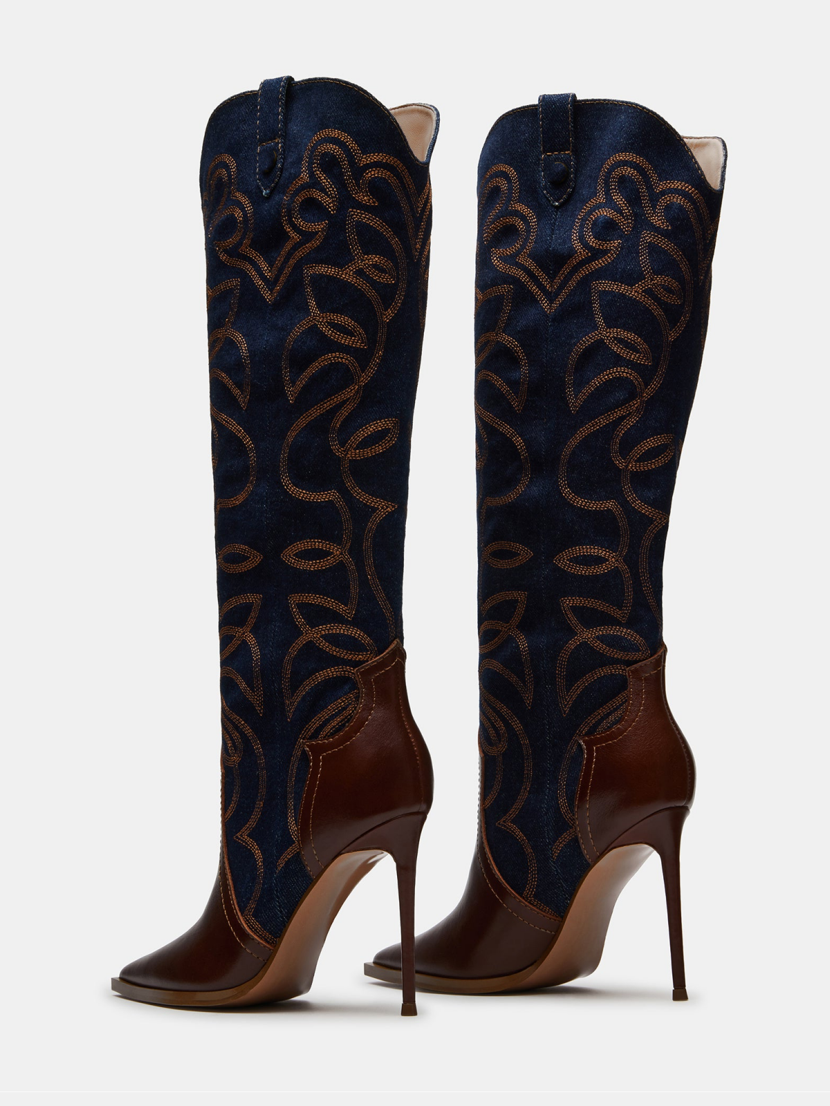 Contrast Riding Boot Contrast Brown And Blue Embroidery Knee High Wide Calf Stiletto Boots ...