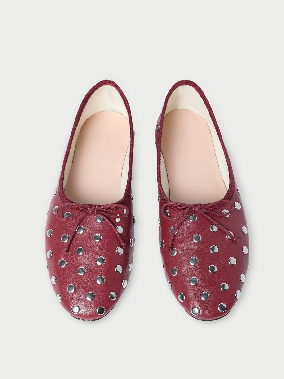 Wine Red Almond-Toe Bow Ballet Flats With Silver Studs