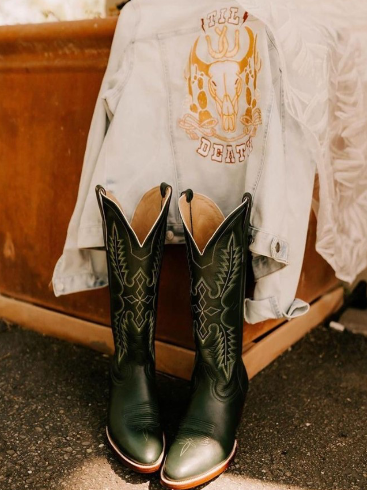 Green Embroidered Almond-Toe Mid Calf Western Boots Wide Calf Cowgirl Tall Boots