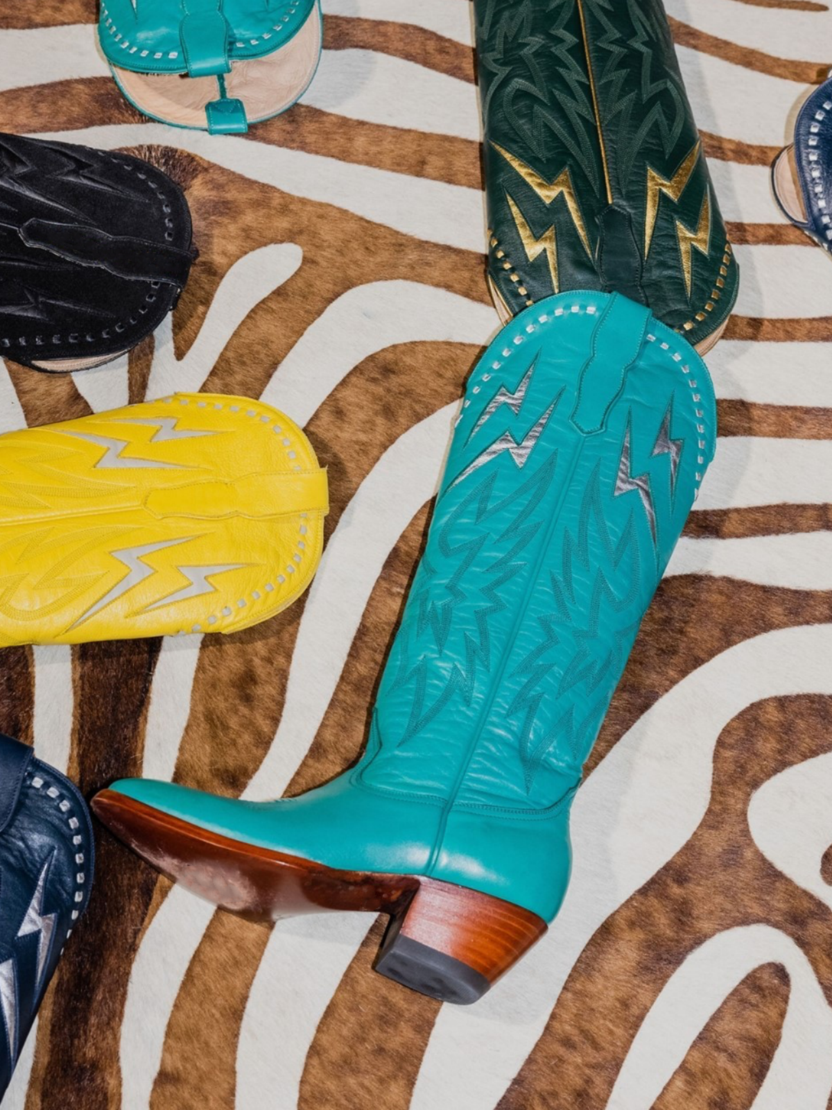 Metallic Silver Lightning Inlay Stitch Embroidery Wide Mid Calf Tall Cowgirl Boots - Turquoise