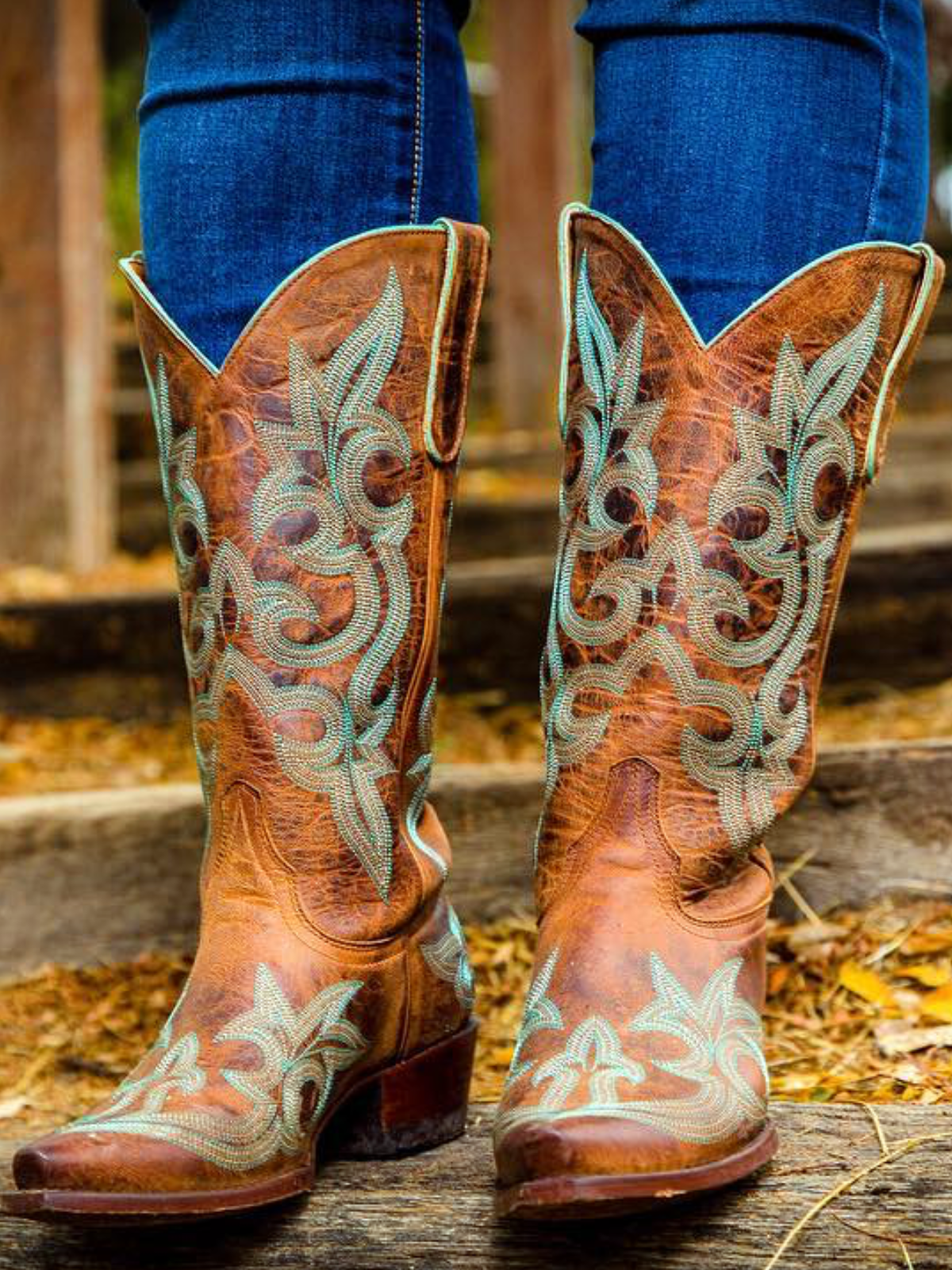 Distressed Tan Snip-Toe Embroidery Wide Mid Calf Tall Cowgirl Boots