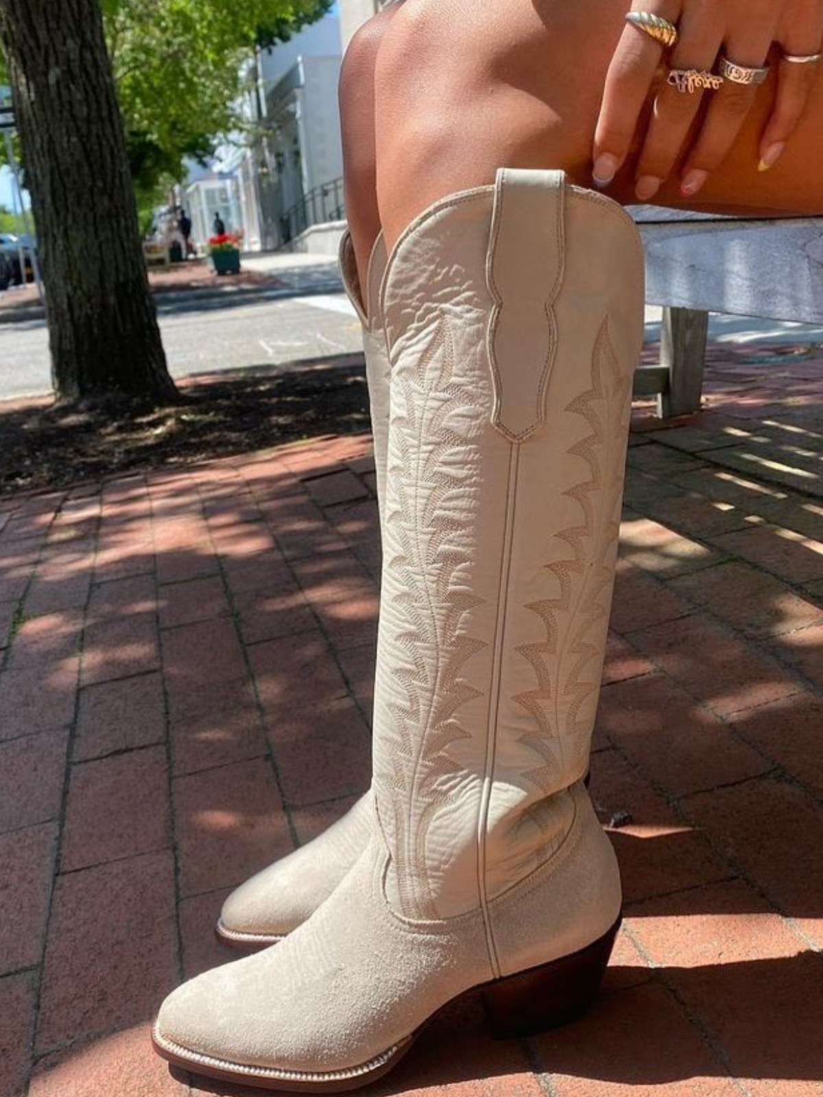 Contrast Tan Faux Suede And Bone Embroidery Almond-Toe Wide Mid Calf Tall Cowgirl Boots