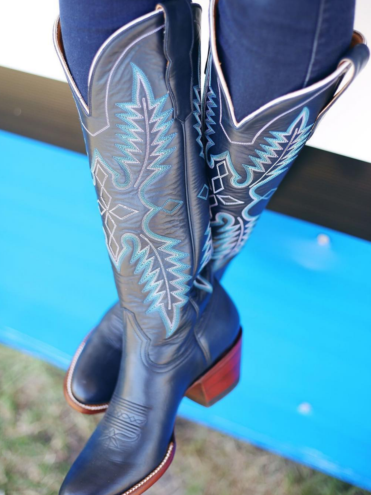 Blue Embroidered Almond-Toe Mid Calf Western Boots Wide Calf Cowgirl Tall Boots