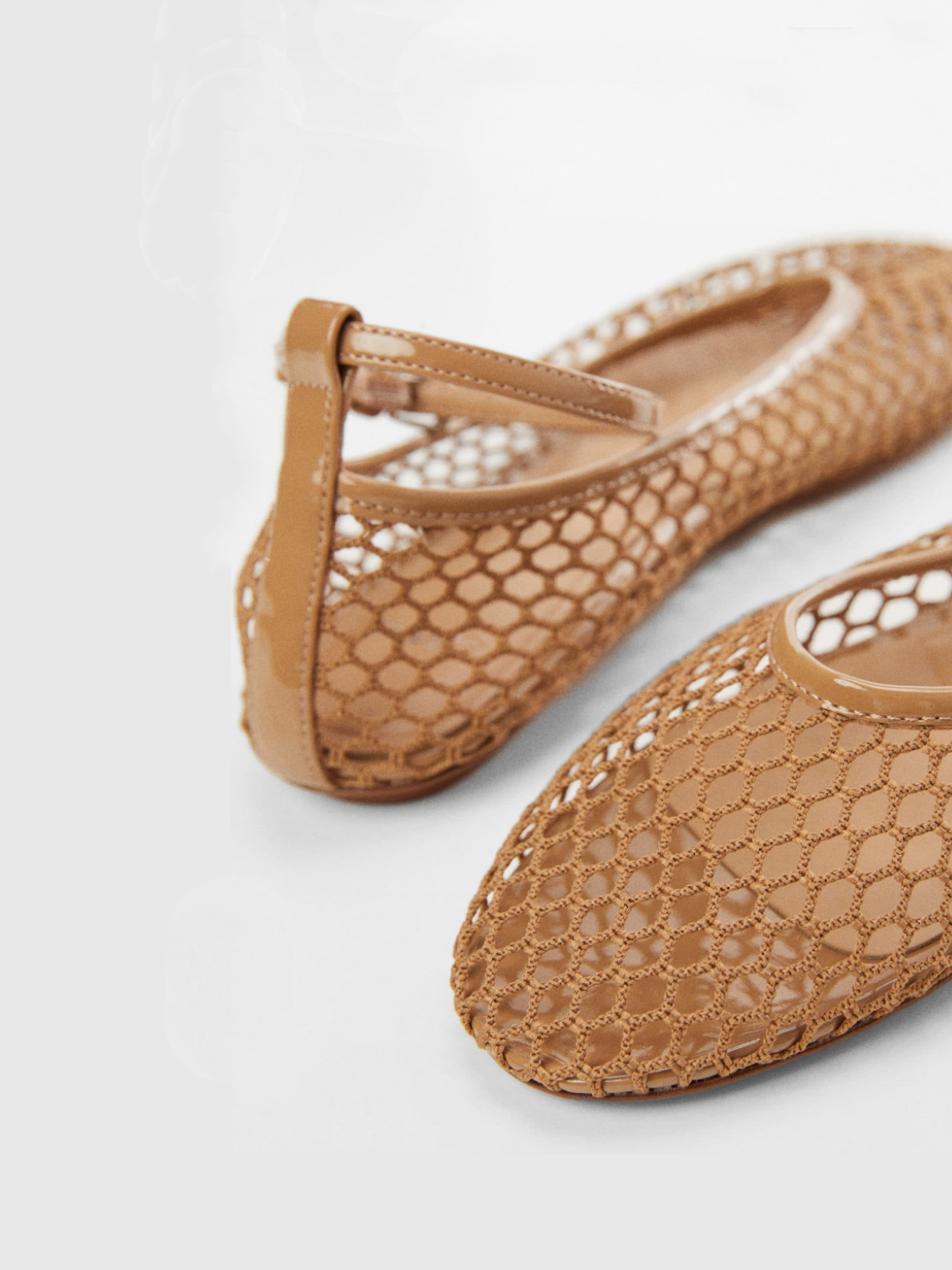 Cinnamon Fishnet Mesh Ballet Flats With Buckled Ankle Bracelet