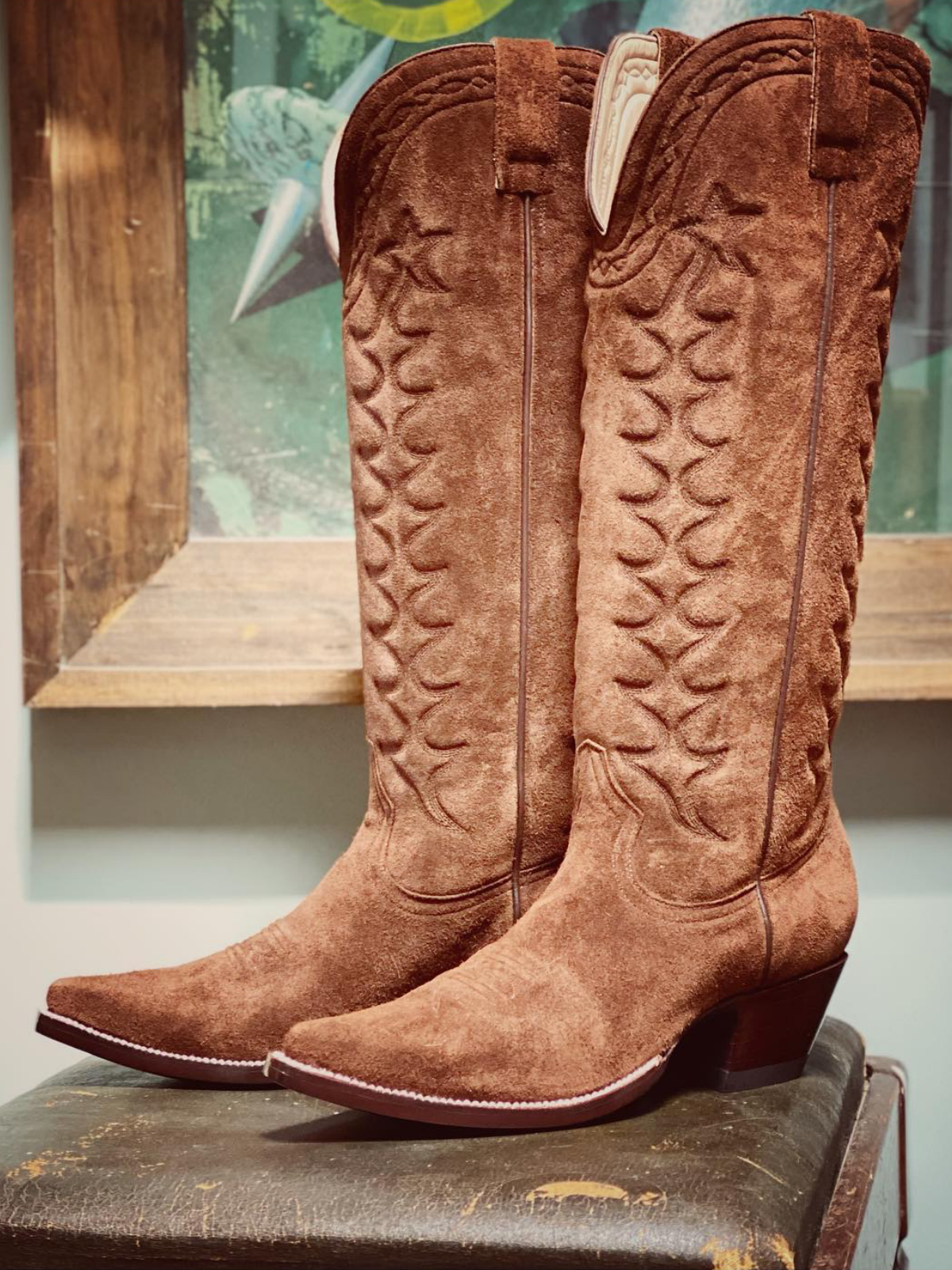 Brown Faux Suede Padded Embroidery Pointed-Toe Wide Mid Calf Tall Cowgirl Boots