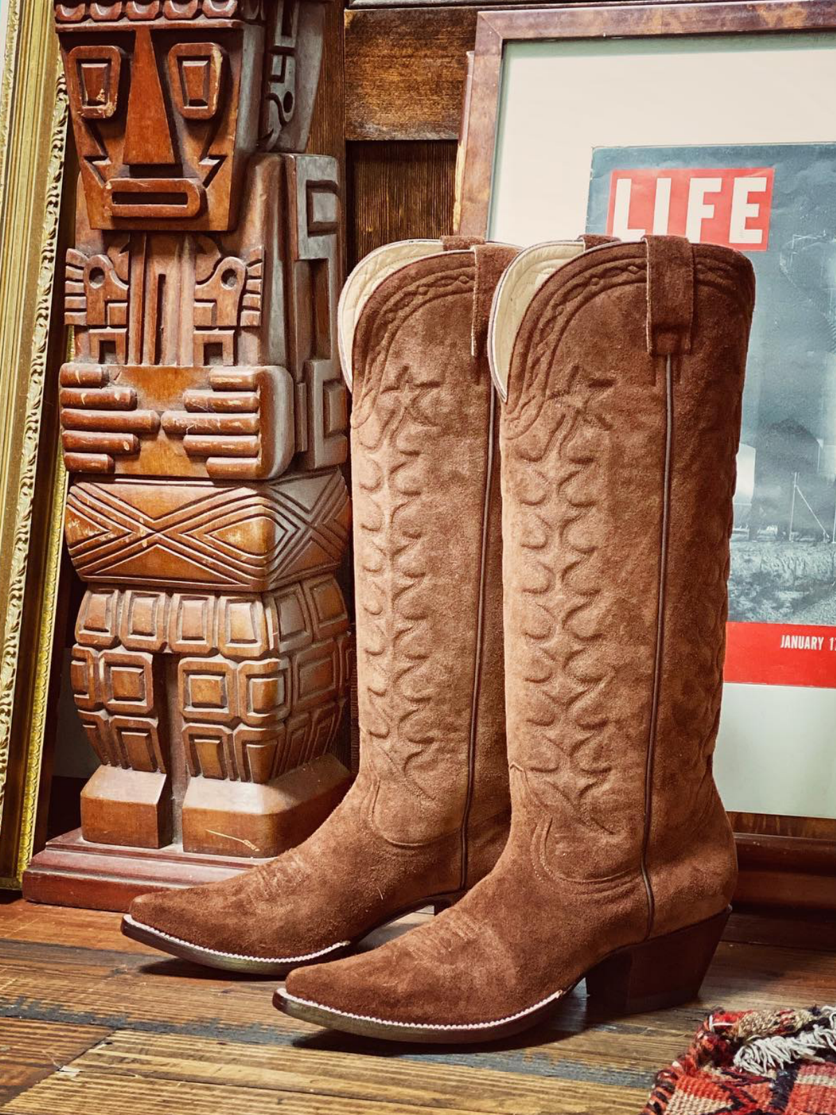 Brown Faux Suede Padded Embroidery Pointed-Toe Wide Mid Calf Tall Cowgirl Boots