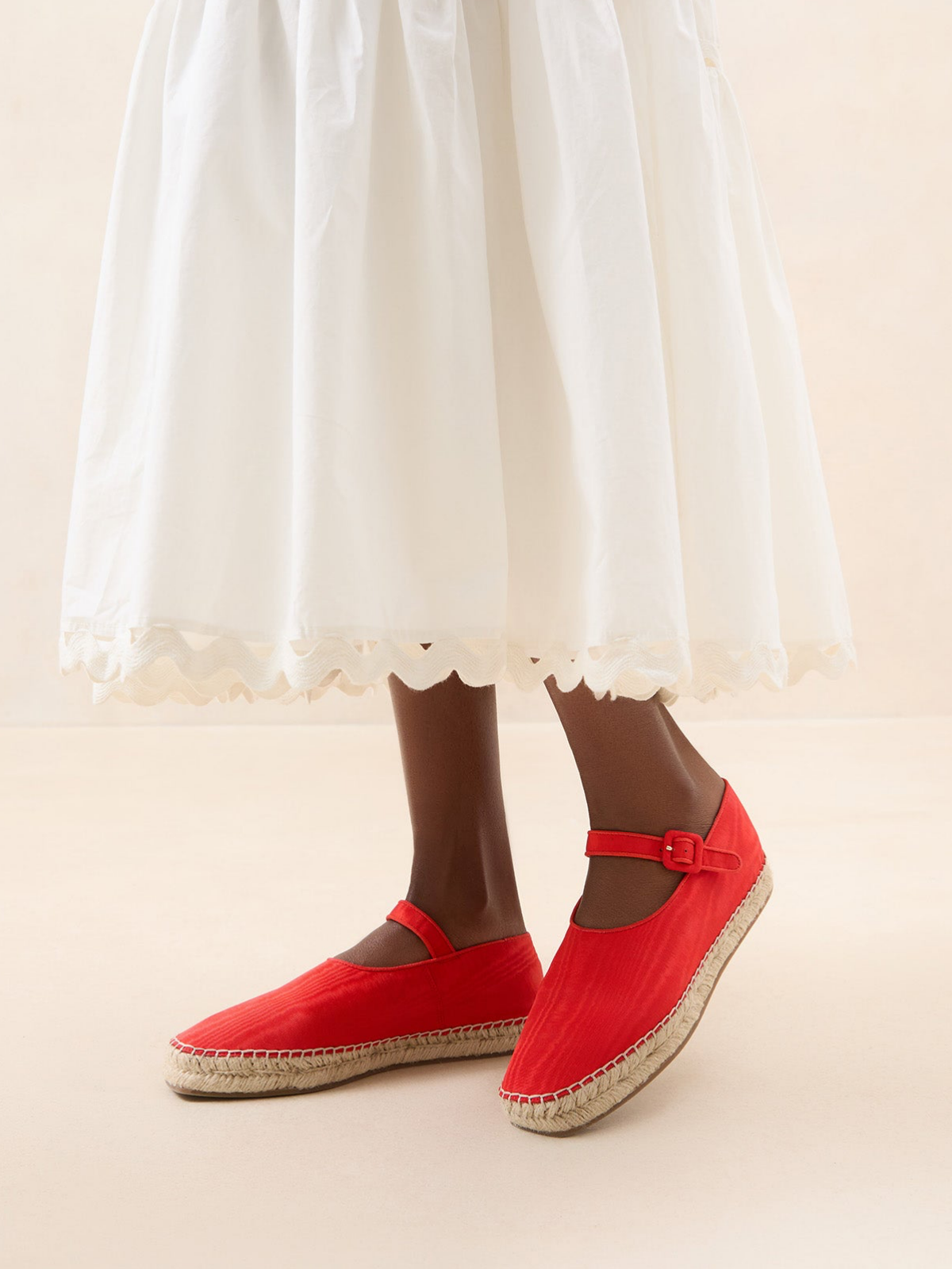 Red Cloth Almond-Toe Adjustable Bridge Strap Espadrille Mary Janes Flats