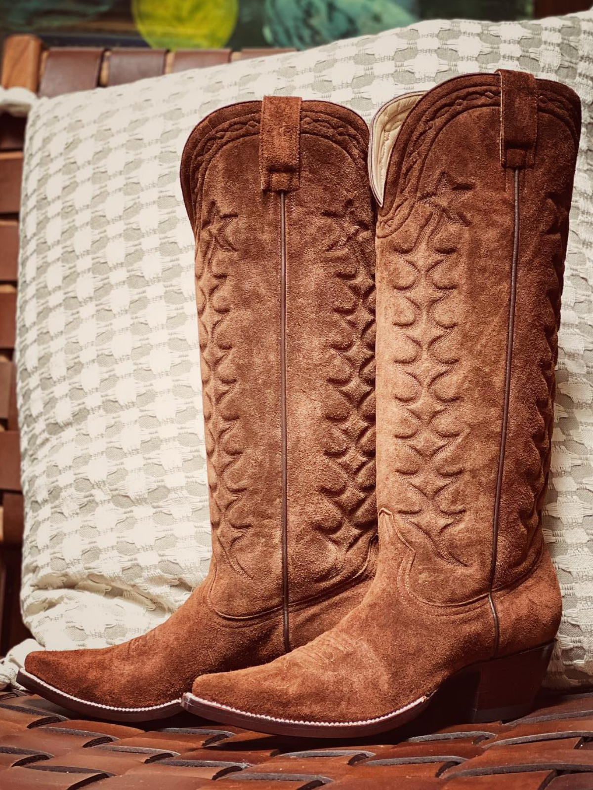 Brown Faux Suede Padded Embroidery Pointed-Toe Wide Mid Calf Tall Cowgirl Boots