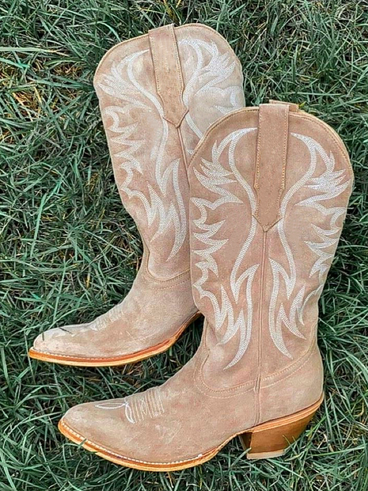 Faux Suede Wings Embroidery Pointed-Toe Wide Mid Calf Tall Cowgirl Boots - Tan